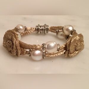 New HONORA Gold Woven Silk Flower Baroque Freshwater Pearl Bracelet 925 Clasp